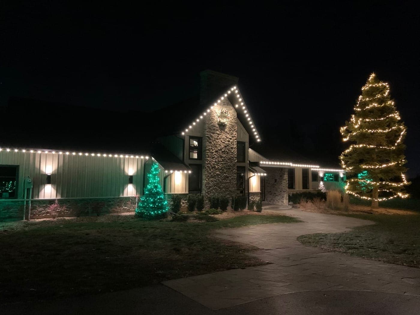 Commercial building with warm-white roofline Christmas lights, a light-wrapped evergreen and a green-lit tree at night