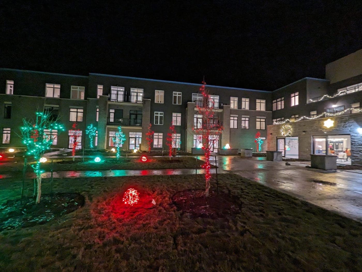 HOAs: Commercial courtyard decorated with red and green LED-wrapped trees and warm roofline lighting at night.