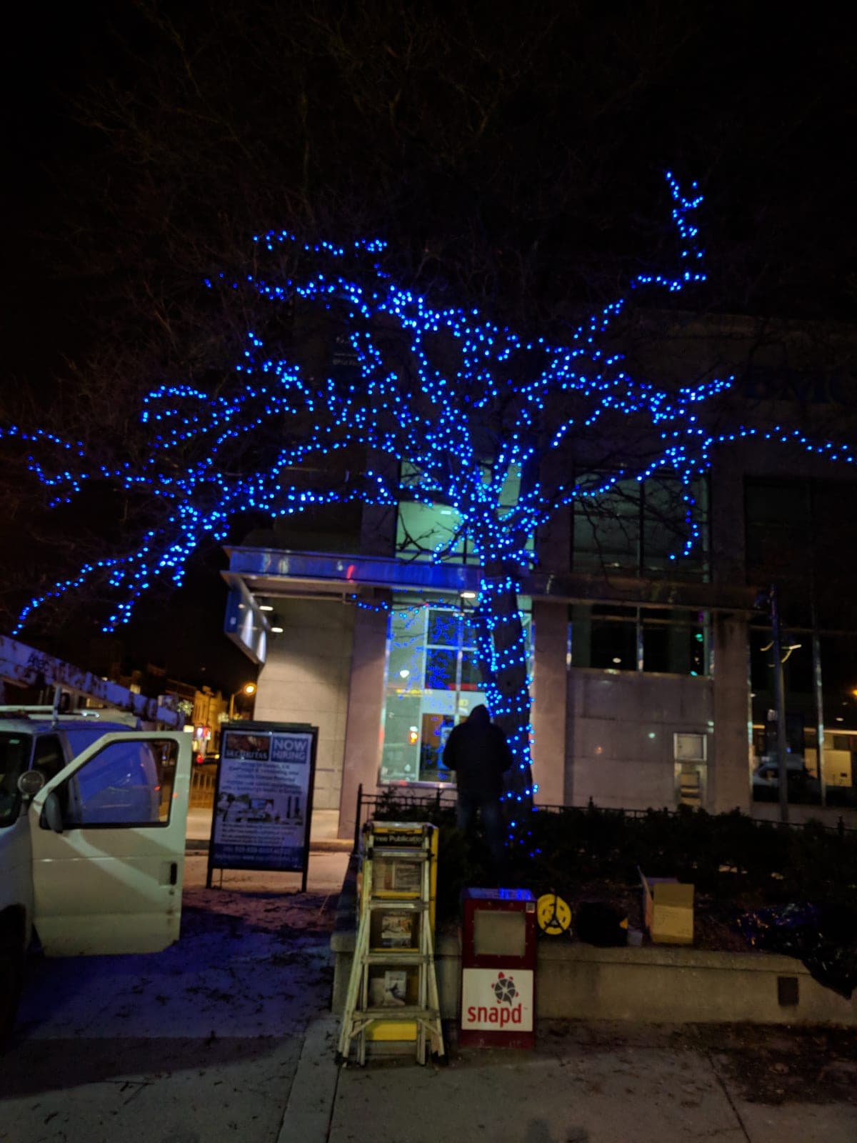 Christmas lighting crew wrapping a large tree in blue LED lights outside a commercial building on a winter evening.