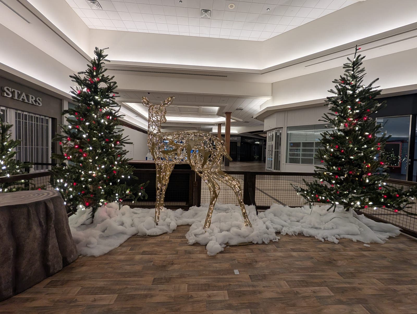Illuminated gold wire reindeer sculpture flanked by decorated Christmas trees in a shopping mall